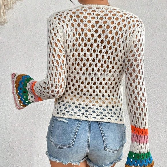 White Boho Womens Floral Pattern Hollow Out Flounce Sleeve Cardigan - Picture 2 of 5